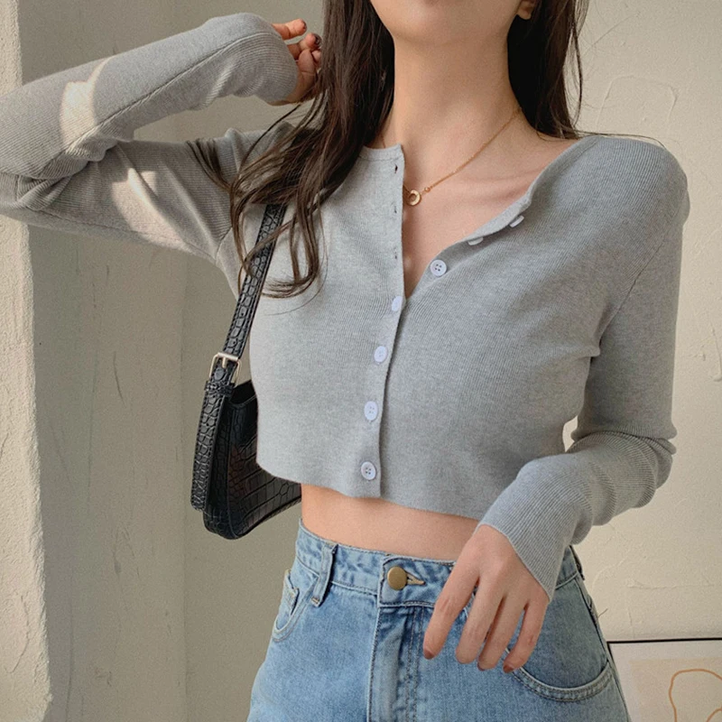 Autumn Hotsweet Knitted Cardigan Women Solid Color Long Sleeve Slim Short Knitwear