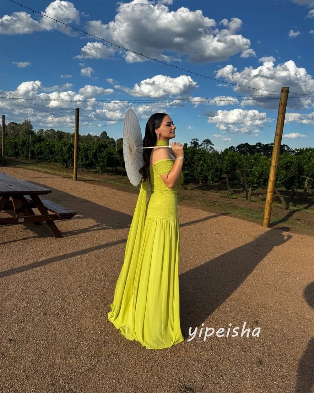 Customized Simple Sizes Available Chiffon Pleat Draped Shawl A-line Off-the-shoulder Long Dresses Evening Dresses High Quality
