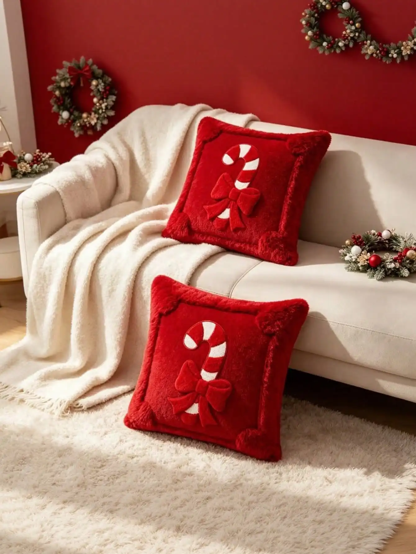1pc Christmas Decorative Pillow Covers 17.7x17.7 Inches, Short Plush Christmas Ribbon Decorated Pillowcases, Soft And Comfortable Cushion Covers, Suitable For Christmas, Halloween, sf260824215047499447285