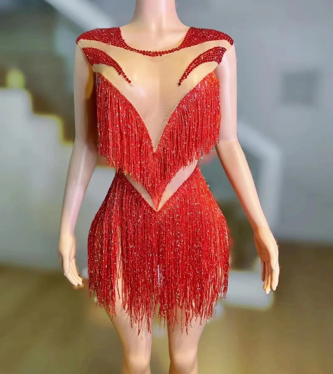 Sparkly Rhinestones Fringes Bodysuit Sexy Dance Costume Sleeveless See Through Nightclub Performance Leotard Show Stage Wear