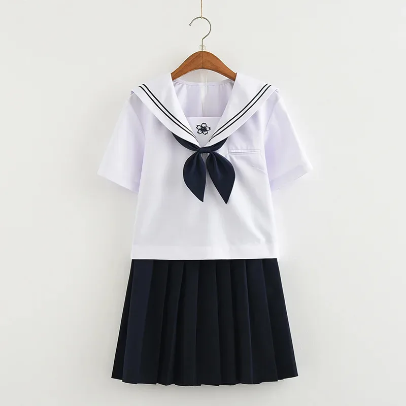 Long Sleeved Sailor Suit Jk Sets Japanese School Uniforms Girls White Top Navy Pleated Skirt Sakura Pattern Cosplay Student Suit