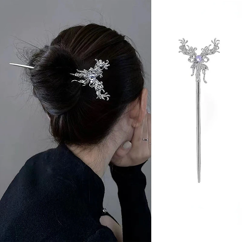 Vintage Moonstone Hair Sticks for Women Retro Chinese Tasssel Butterfly Hairpin Disk Hairsticks Hair Chopsticks Hair Accessories