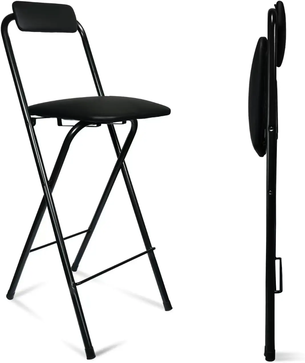 

Folding Bar Stool With Back, Tall Foldable Stool Chair Portable Adult Collapsible Stools Counter Height Seat Leather Padded