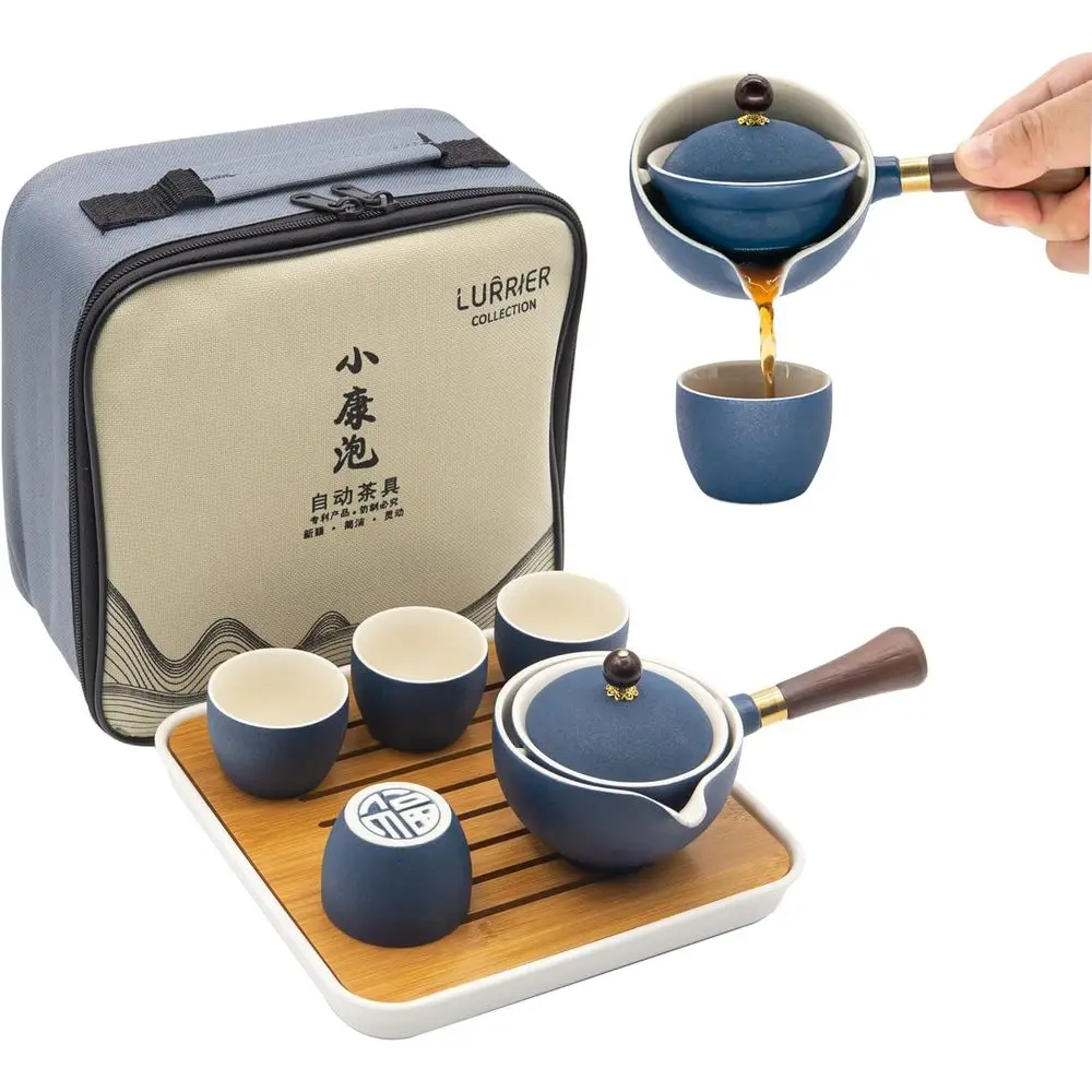

LURRIER Porcelain Chinese Gongu Tea Set,Portable Teapot Set with 360 Rotation Tea maker and Inuser,Portable All in One Git Bag o