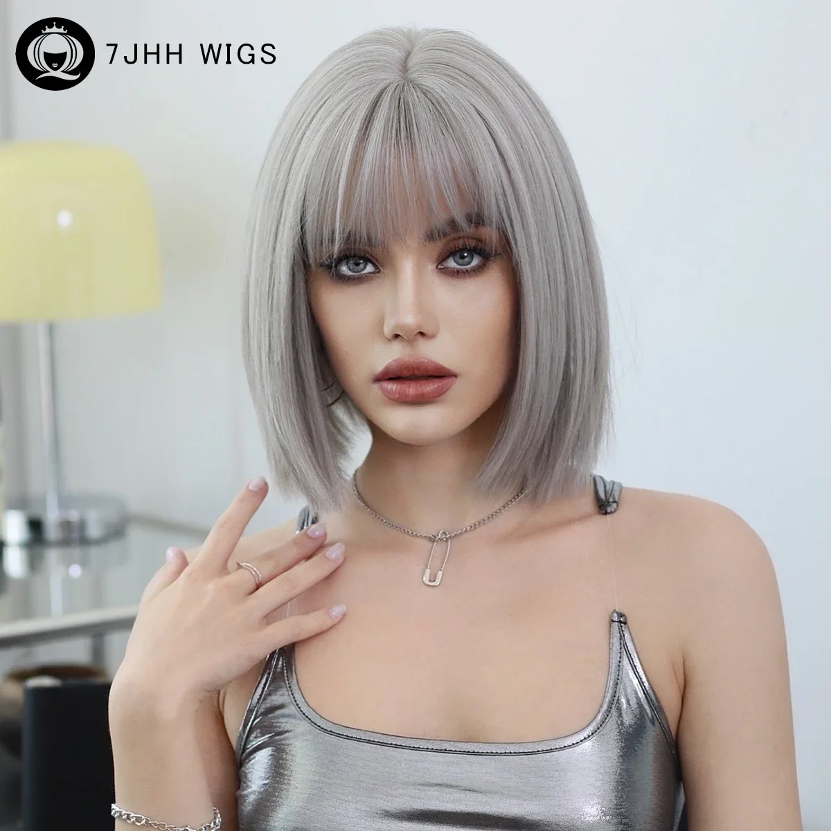 7JHHWIGS Synthetic Ash Silvery Bob Wig for Women Daily Party High Density Layered Short Straight Cut Hair Wigs with Bangs 12Inch