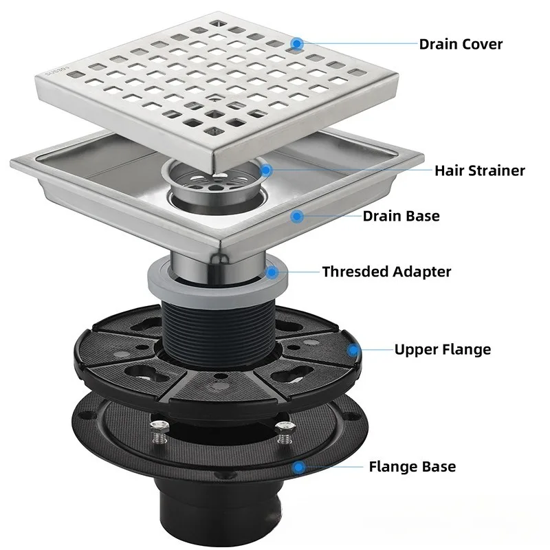 

Квадратный 4-дюймовый 6-дюймовый напольный слив из нержавеющей стали 304 с фланцем для душевой комнаты, большой объемный слив для пола