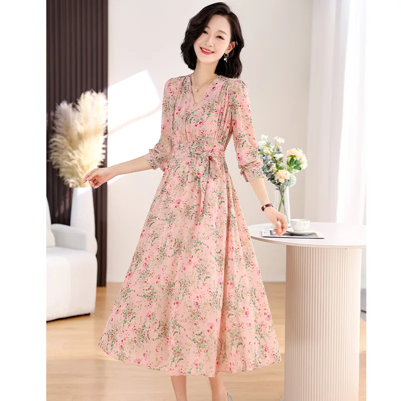 

2024 Spring New Chiffon Print Splicing Dress Mid Length Style Elegant Fragmented Flower Slim Long Dress Maxi Dress