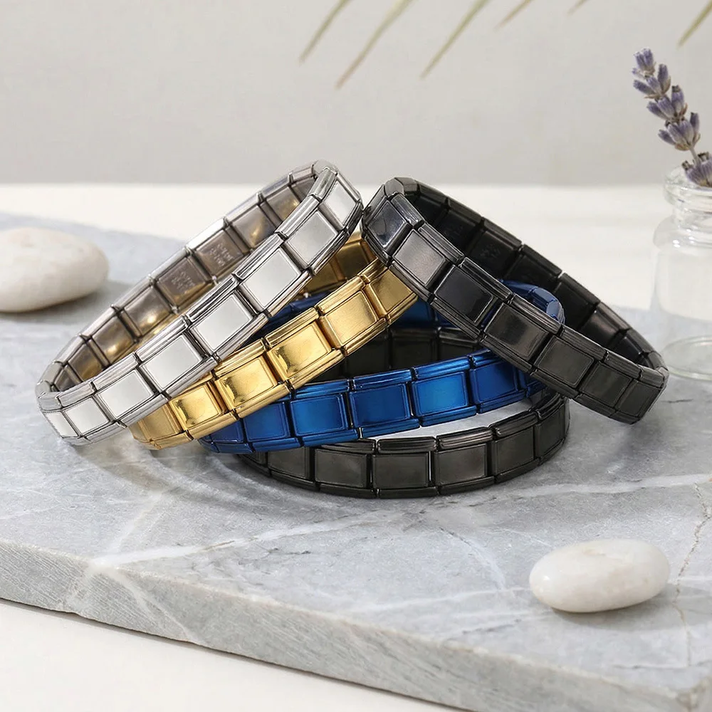 Wide Flat Concave Base Italian Bracelet Stainless Steel Elastic Modular Watch Strap Blank Link Bangle For Custom Charms