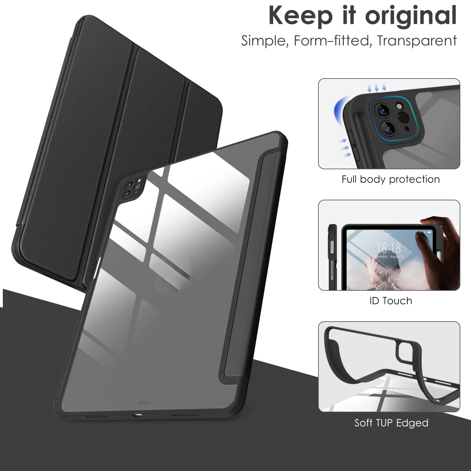 Pencil Case for iPad Pro 11 2018/2020/2021/2022 Air 10.9/11 M2/M3/M4 4th 5th 6th 7th 8th Generation Hybrid Case with Clear Back