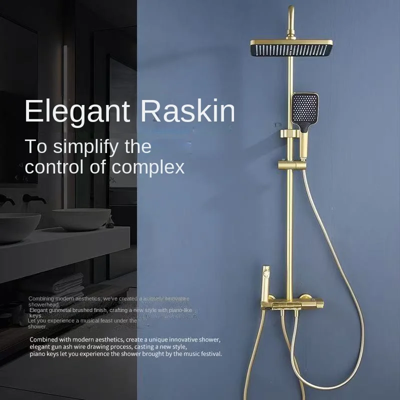 Shower System with Brass Valve Core Brushed Gold Aerospace Aluminum Shell 4 Spray Functions Air-Injection Technology Showerhead