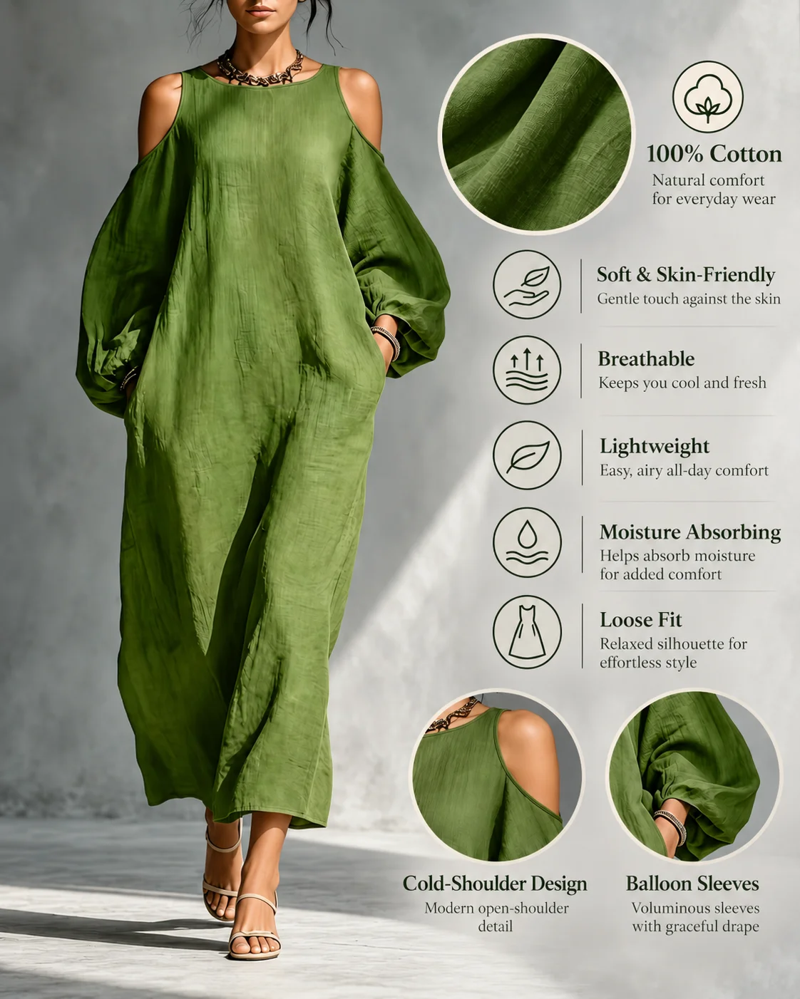 Women 100% Cotton Maxi Dress Cold Shoulder Balloon Sleeve Loose Fit Casual Long Dress Summer Vacation Beachwear