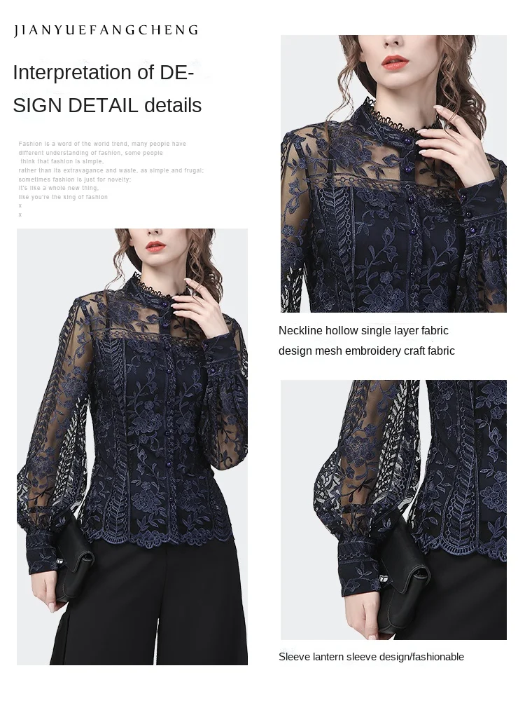 Ladies Embroidered Floral Tulle Blouse Women Hollow Out Lantern Sleeve Bodycon Button-Down Shirt 2022 Spring Vintage Lace Tops