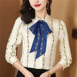 Women Clothing Elegant Commuting Shirts Office Lady Long Sleeved Loose Blouses Bow Striped Tops