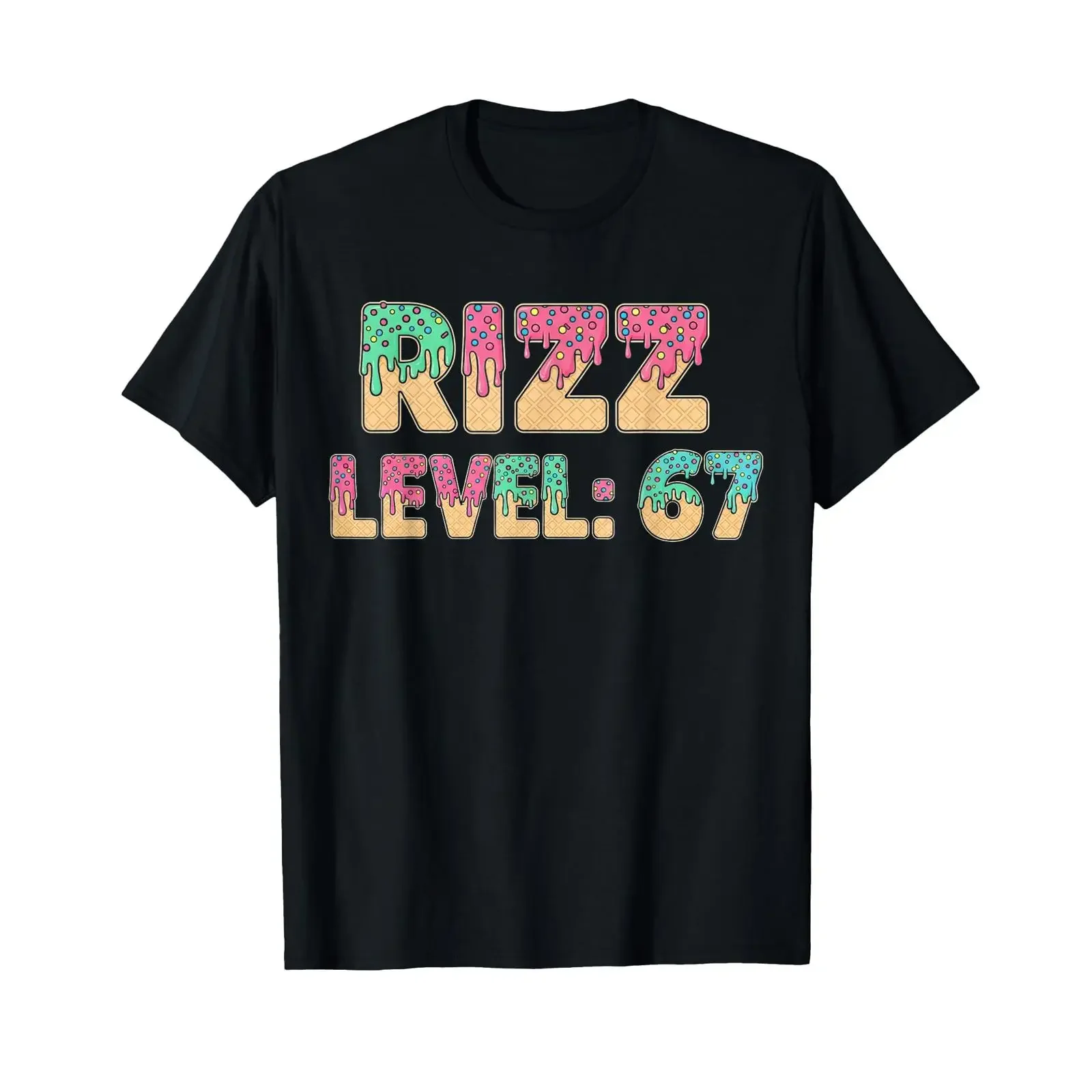 Футболка Rizz Level 67 с принтом мема «Мороженое Дрип» (67), винтажная, с эффектом потертости, модная, мужская, слегка повседневная, эластичная, в стиле стритвир, мягкая.