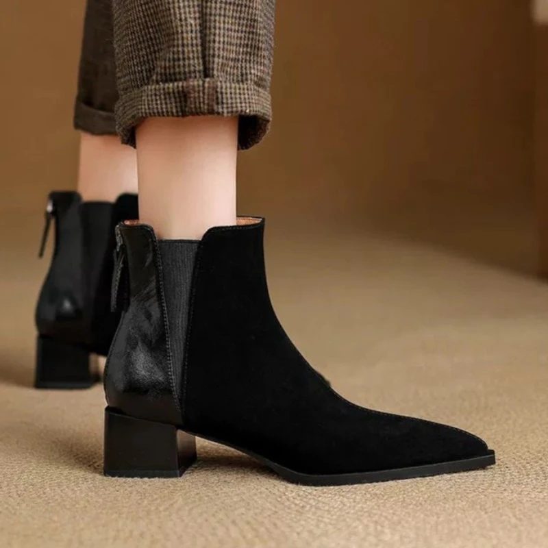 

Mid Heels Women Chunky Short Boots Pointed Toe Elegant Shoes Designer New Chelsea Ankle Boots 2025 Winter New Pumps Zapatillas