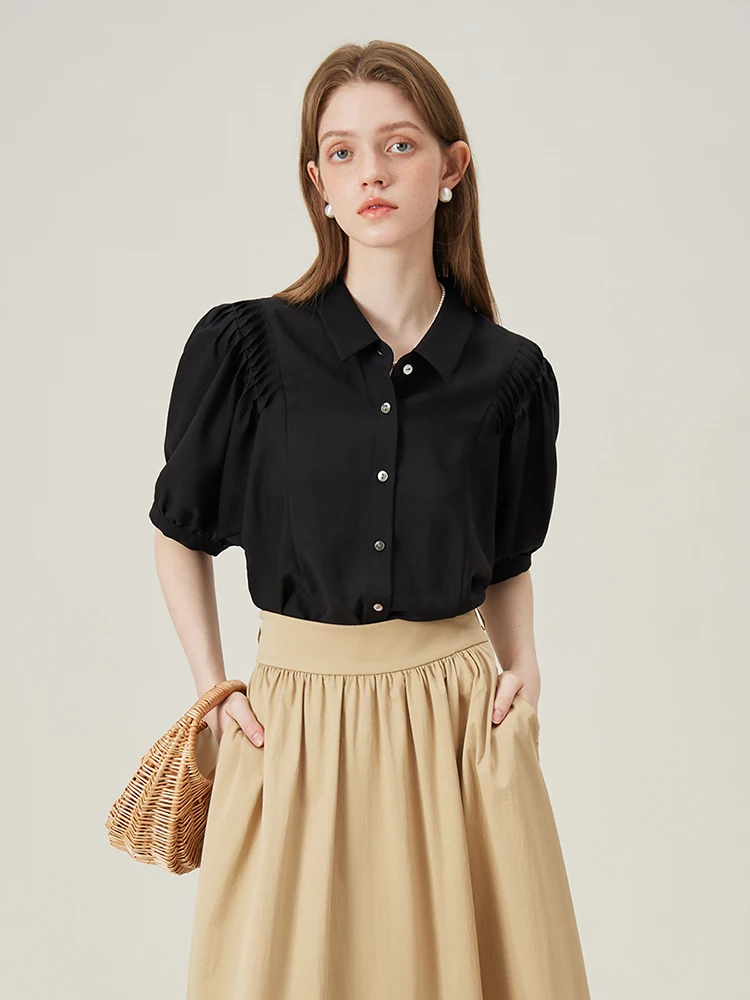 FSLE French Style Short-Sleeved Women Shirt 2024 Summer New Design Bat-Sleeve Versatile Commuting Female Top 24FS12242