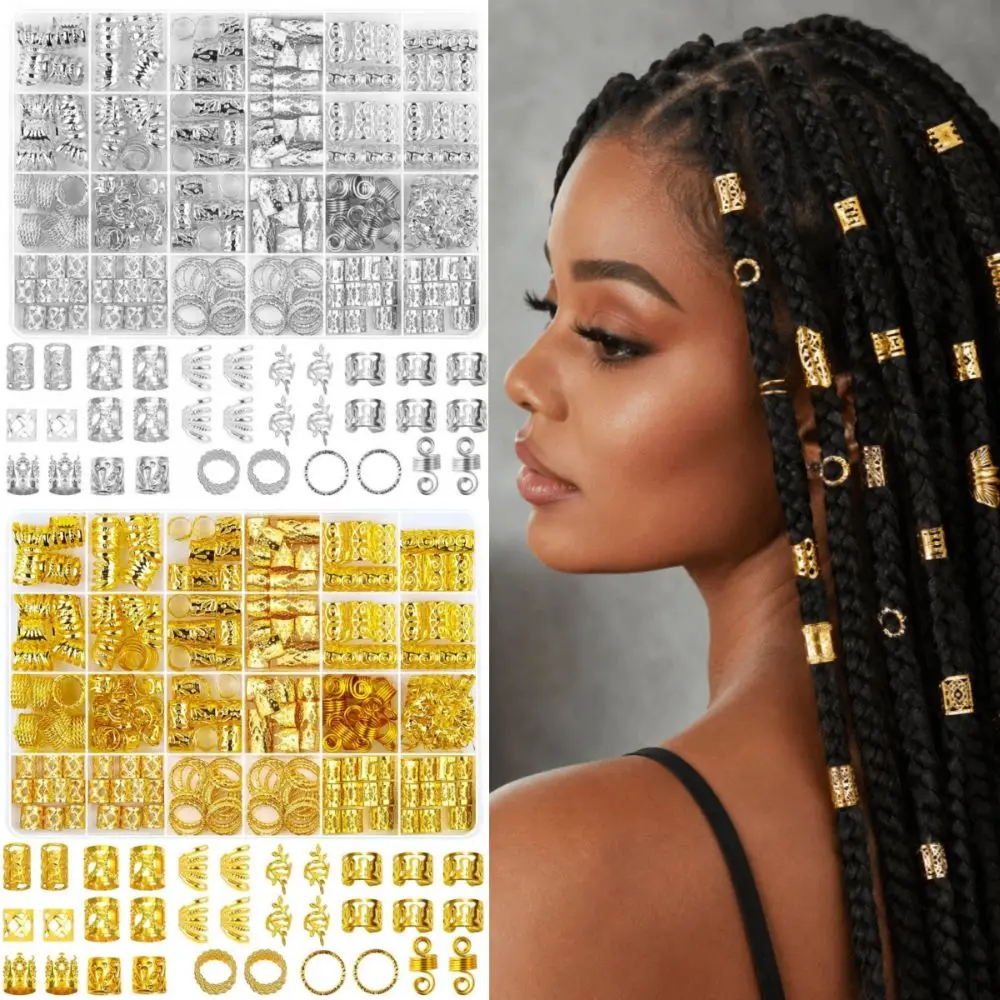 290Pcs Metal Dreadlock Jewelry Gold Silver Hollow Out Hair Braiding Rings Electroplated Hip-Hop Punk Style