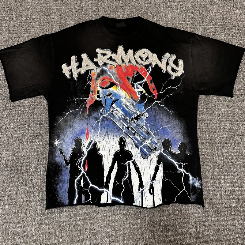 High-quality Letter Printed Sparkling Diamonds HARMONY Short-sleeved American Retro Washed Black Men's Women's T-shirt