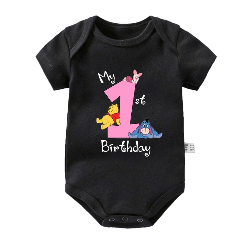 Roupas de algodão de manga curta para bebês meninos e meninas, It\'s My 1st Birthday, Winnie the Pooh, roupas de festa, presentes de banho