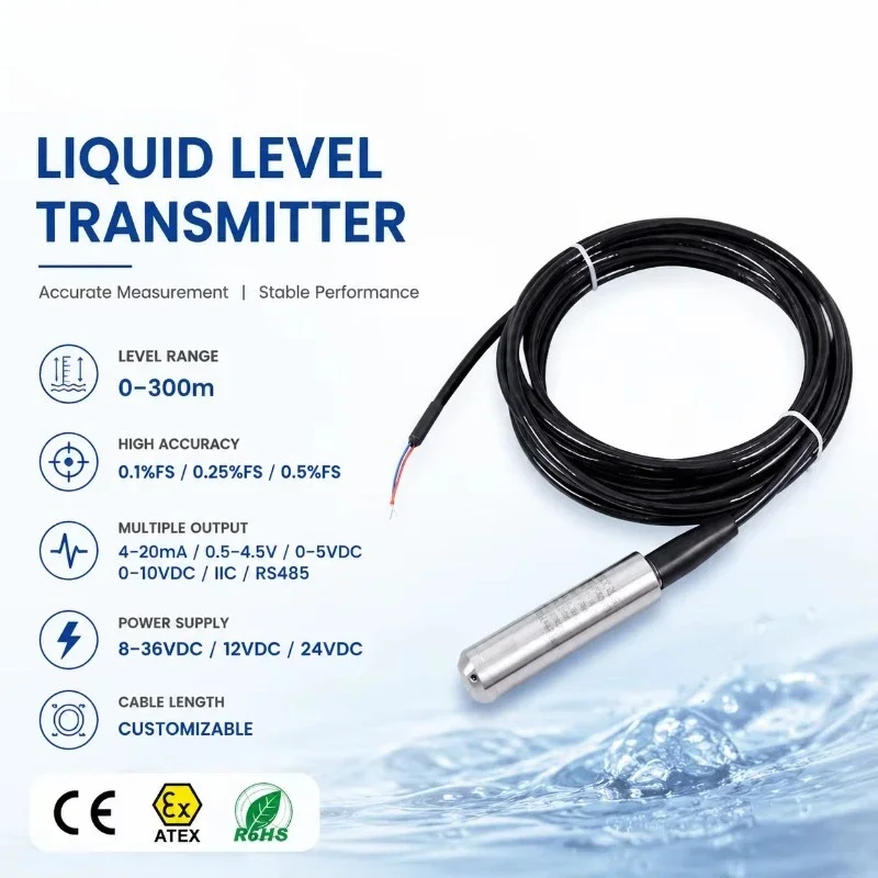 Submersible Liquid Level Transmitter IP68 ATEX 4‑20mA RS485 24V Hydrostatic Water Level Sensor for Deep Well Drilling Hole