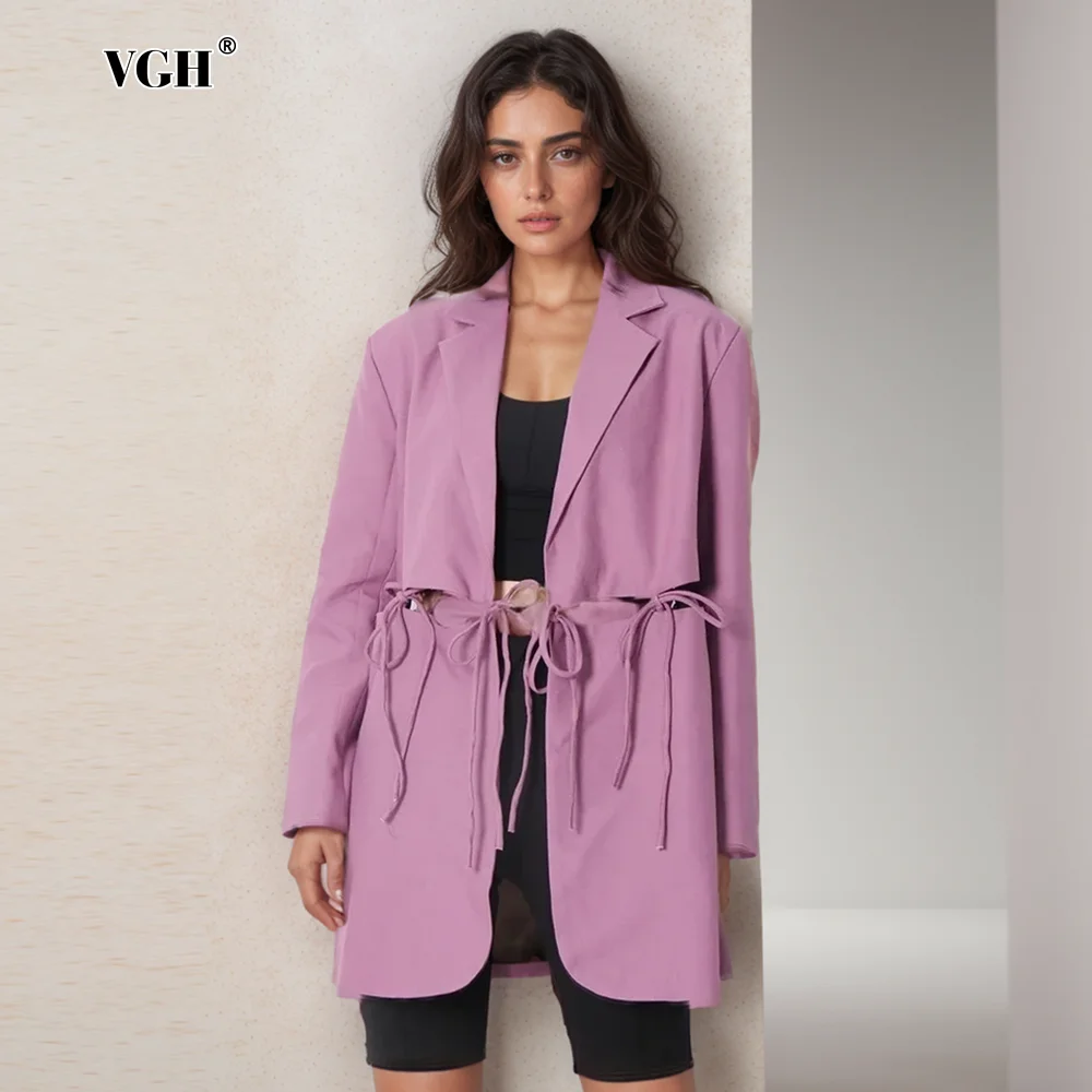 

VGH Casual Patchwork Lace Up Blazers For Women Notched Collar Long Sleeve Hollow Out Soild Vintage Loose Blazer Female Fashion