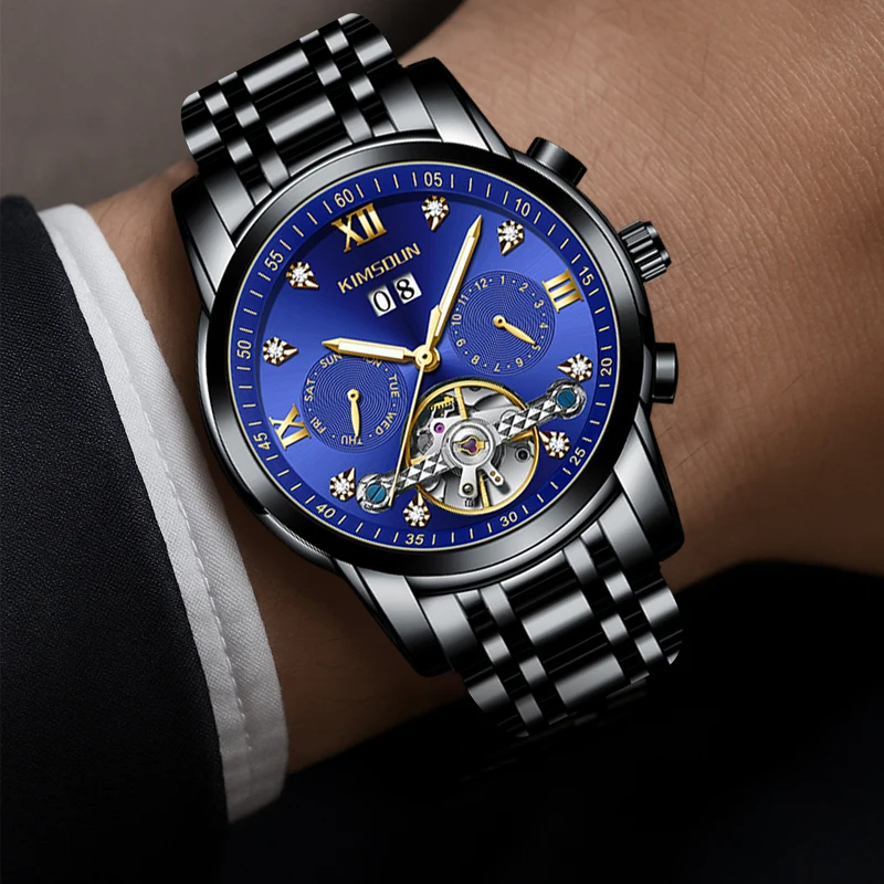 A men's black steel strap business temperament Arabic numerals date display fully automatic mechanical watch