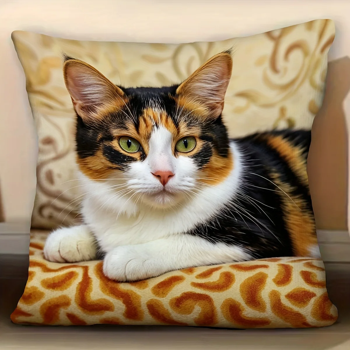 Cute Calico Cat Pillow Case, Realistic Tricolor Feline Print Cushion Cover, Pet Lover Home Decor for Sofa Bedroom Living Room
