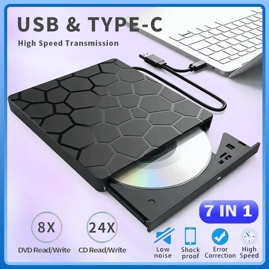 

7 in 1 External CD DVD Drive USB 3.0 Type C Portable CD Player DVD Burner External Disk Drive For Laptop Desktop PC Mac Windows