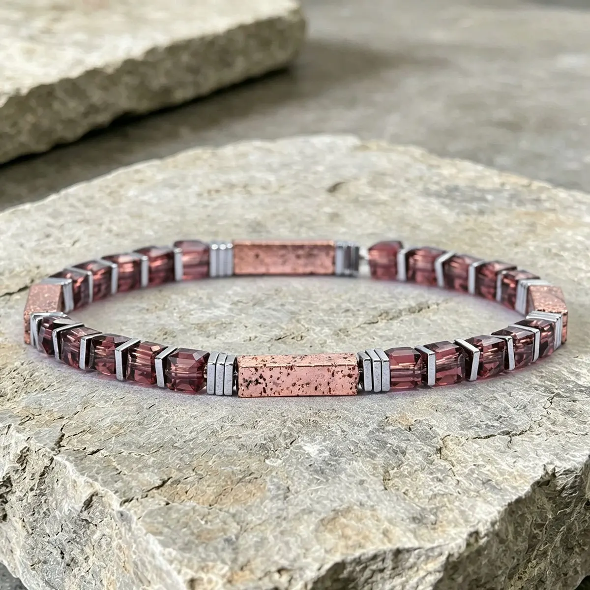 Garnet cube beaded bracelet, courage & passion symbol. Handmade elastic spiritual jewelry for daily wear.