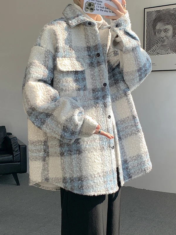 

Мужская шерстяная куртка в клетку Thiened, повседневная, осенне-зимняя, модная, брендовая, для пар, молодежная, удлиненная, с длинным рукавом...