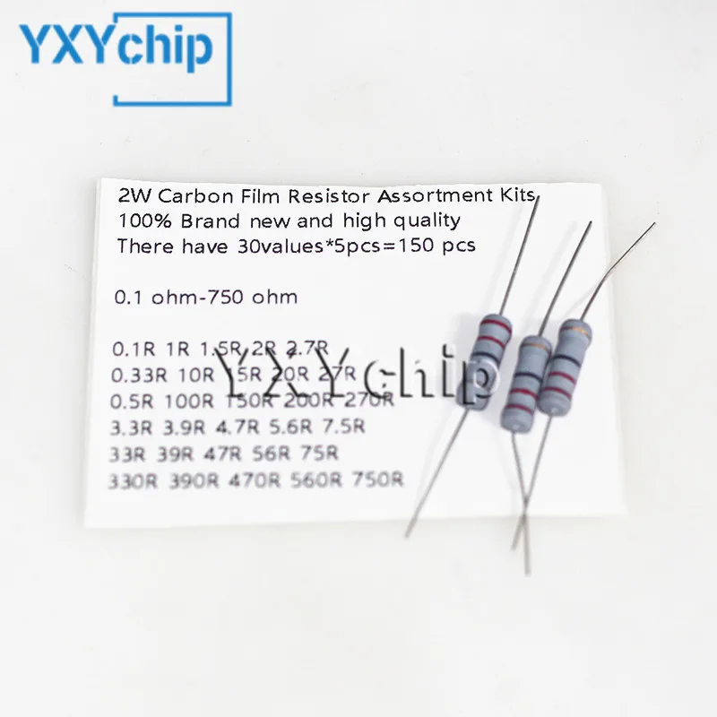 

150pcs/lot Resistor Kit 2W 5% 30 values x 5pcs Carbon Film Resistance 0.1-750 ohm and 1K~820K ohm Assortment Set