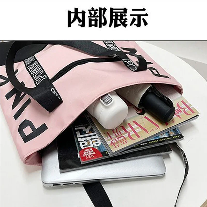 Large Capacity Letter Strap Handbags PINK Tote Large Shoulder Hand Bag Pink Waterproof Nylon Bag