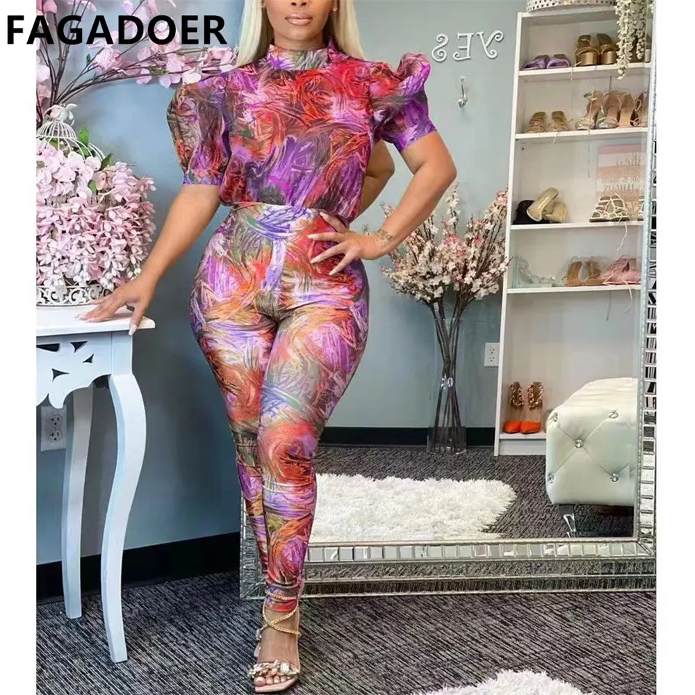 FAGADOER Puff Short Sleeve Retro Floral Jumpsuits Sexy Skinny Jumpsuits For Women Elegant Romper Overall Trousers Party Playsuit