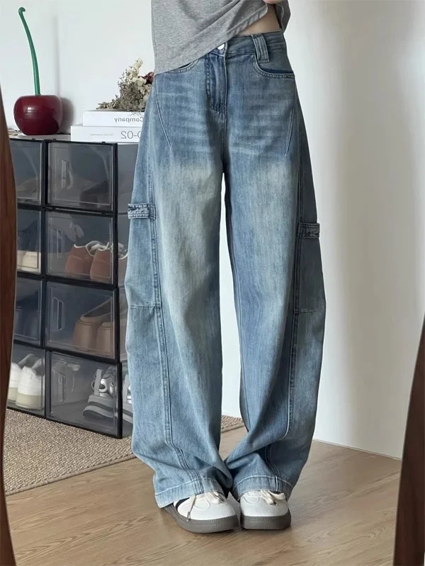 

American Style Wide Leg Jeans Women plus Size Tall Bamboo Texture Knife Casual Long Trousers Spring Fashion High Waist