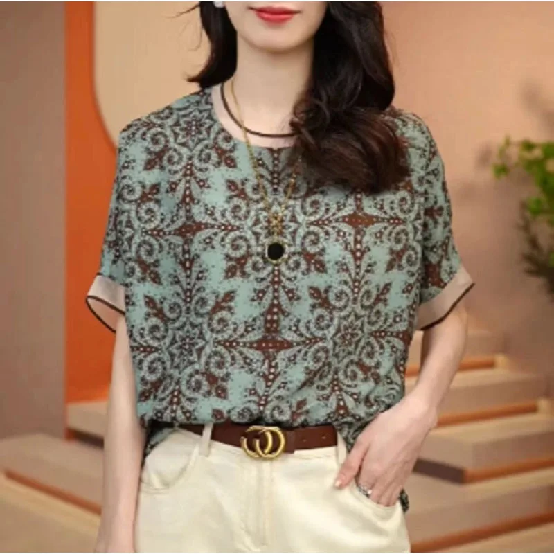 New Women's Summer Pullovers Spliced Gauze Crew Neck Printed Loose Fashionable and Versatile Short Sleeved Commuter Chiffon Tops