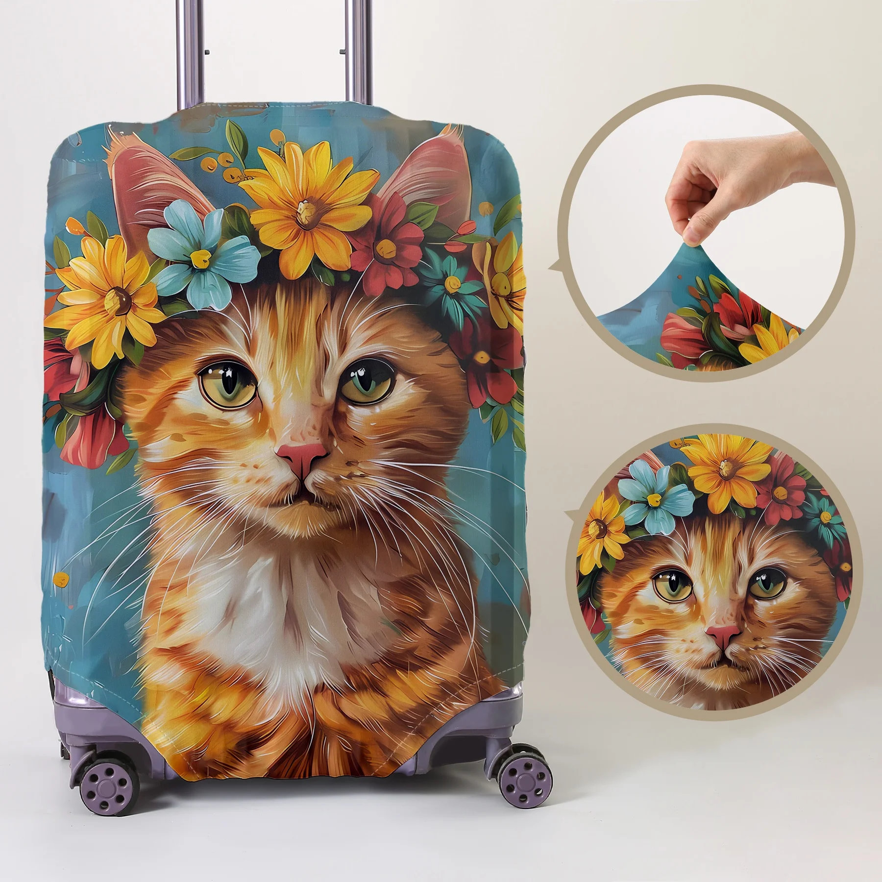 

Защитный чехол для багажа с рисунком оранжевого кота и цветочной короной в стиле масляной живописи, подходит для чехлов для багажа размером 18-32 дюйма, чехол для багажа.