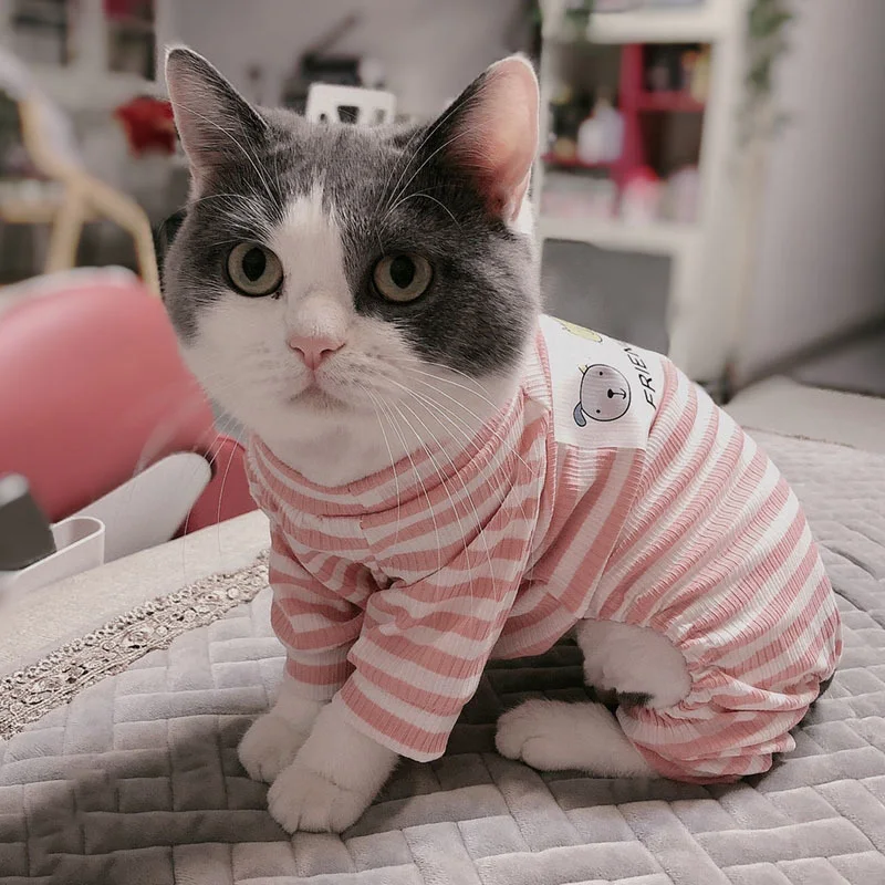 Soft Cotton Cat Pajamas Costumes Stripe Print Pet Jumpsuits for Small Dogs Cats Sphynx Clothing Cute Kitten Coverall Outfits