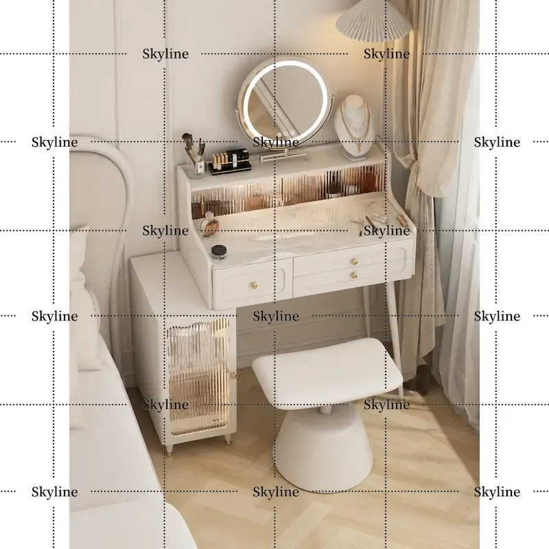 80cm Cream French Style Makeup Table, Rock Slab Top Dresser with Storage Cabinet for Bedroom Apartment