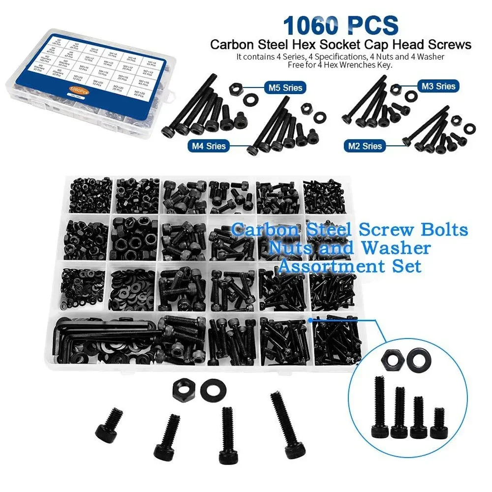 1060pcs M2/M3/M4/M5 Bolts Nuts Flat Washers and Wrenches Set Black Carbon Steel Screws Kit Cylindrical Head Hexagon Socket Bolts