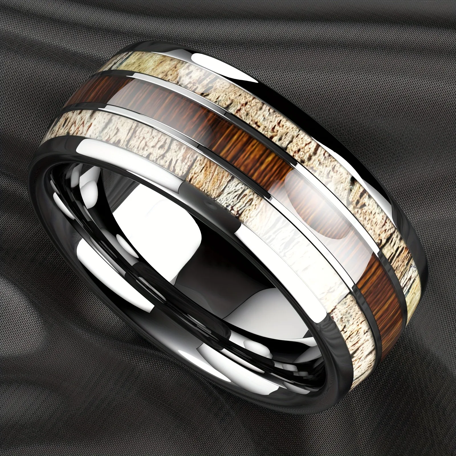 Fashion Silver Color Men\'s Stainless Steel Rings Koa Wood Deer Antler Inlay Dome Engagement Rings For Men Women Wedding Jewelry