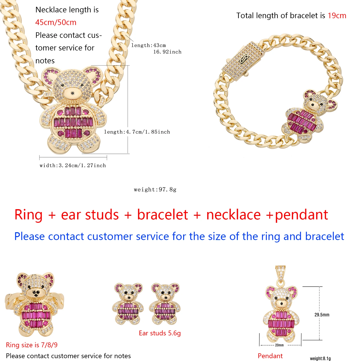 Pink girl jewelry necklace bracelet ring gift party cute memorial crystal zircon jewelry romantic girl dress up