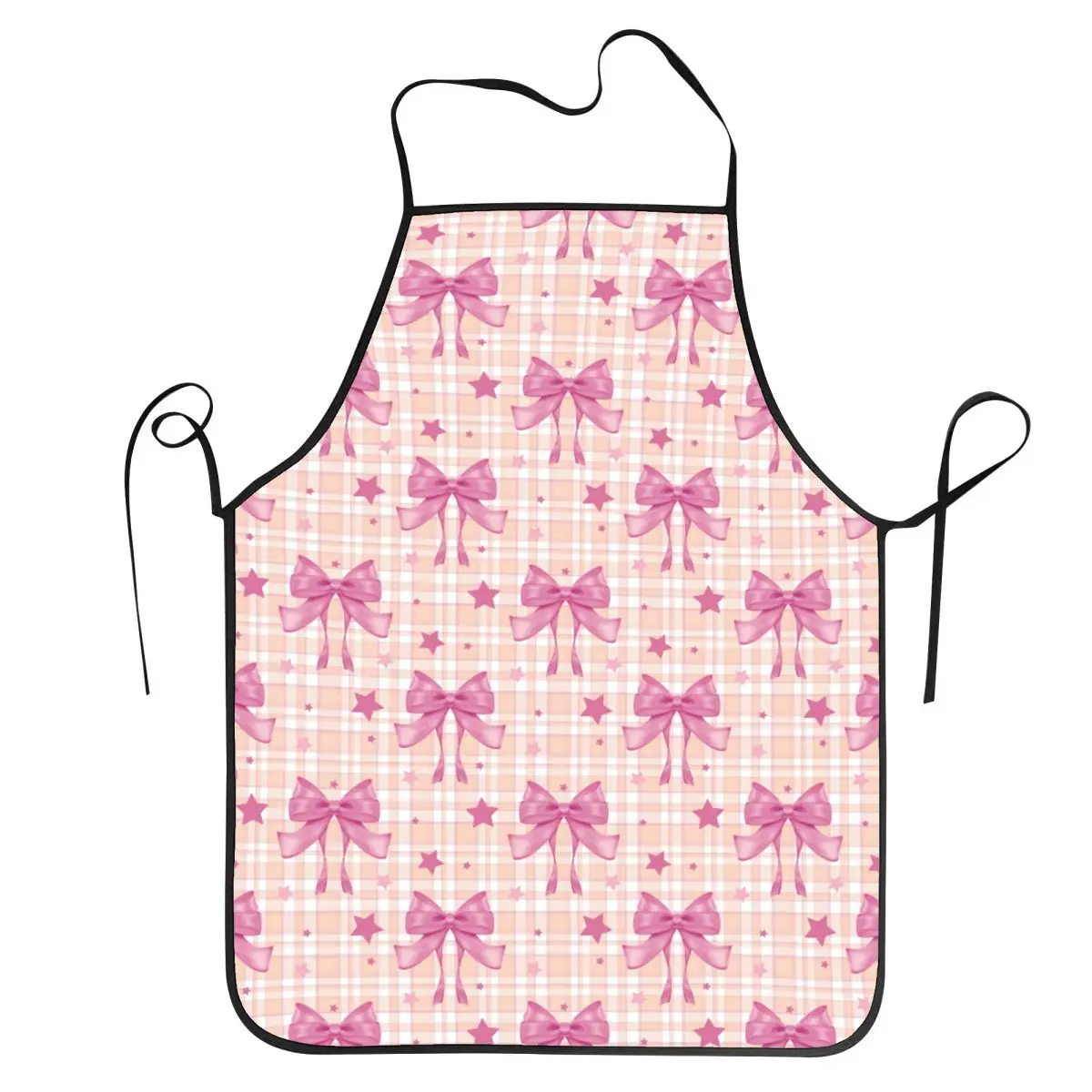 Pink Plaid, Bows And Stars Apron Chef Cooking Tablier Sleeveless Bib Kitchen Cleaning Pinafore for Women Men Gardening
