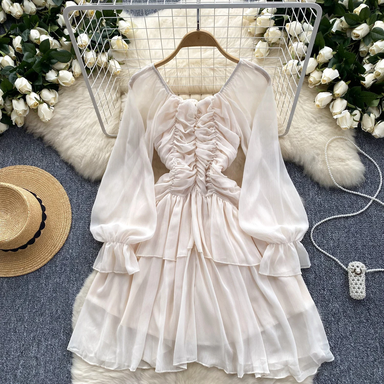 Summer Short Dress for Women Beige Chiffon Folds Bohemian Ruffle Layered Midi Traf New In 2024 Beach Vacation U-Neck Thin Luxury