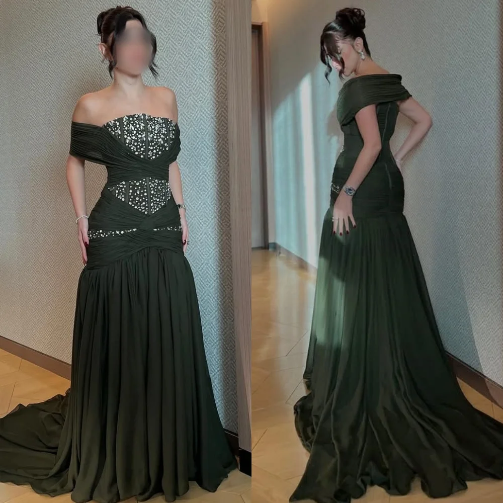 Personalizado de alta qualidade moda chiffon lantejoulas miçangas sereia fora do ombro vestidos longos sob medida vestidos de ocasião combinando