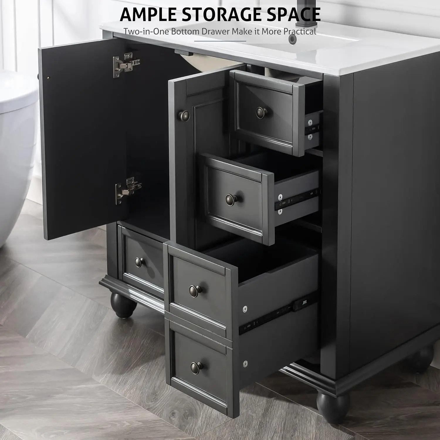 塗装無垢材のバスルームシンク,レトロな洗面化粧台,ひょうたん脚付きの収納キャビネット,ビンテージスタイル,36インチ