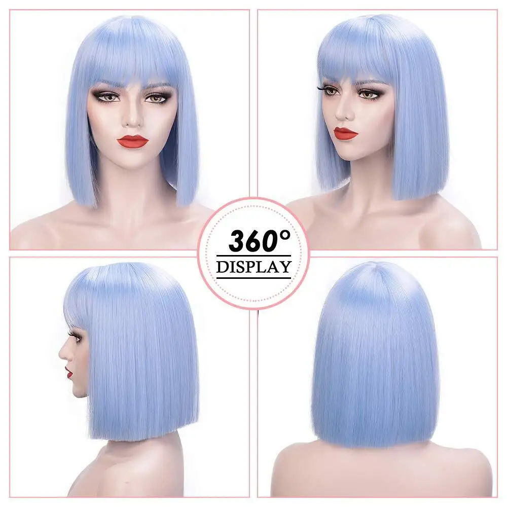 Blue Short Hair Bob With Bangs For Women Cosplay Party Halloween