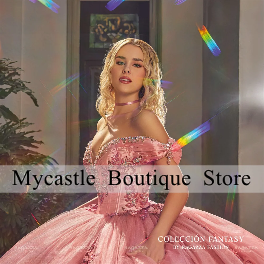 Robe de Quinceanera de luxe avec appliques en dentelle rose, robe de Rh, cristal perlé, Sweet 15, robe de princesse personnalisée, fête de remise des diplômes, 2024