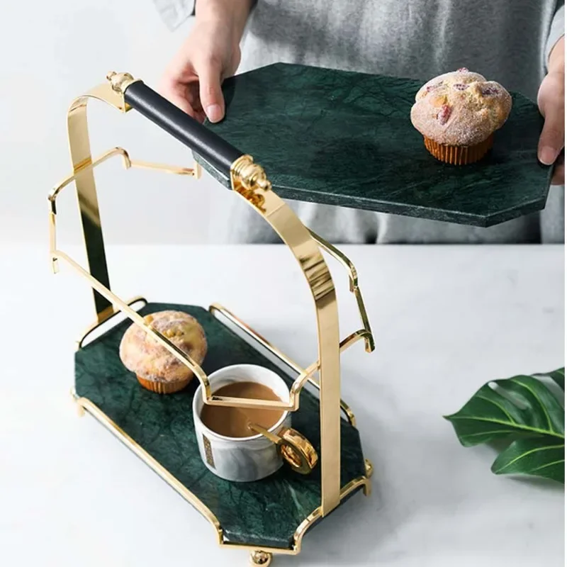 Luxury Nordic Marble Cake Stand 2 Layers Dessert Display Shelf Elegant Afternoon Tea Table with Multi-Functional Storage Tray