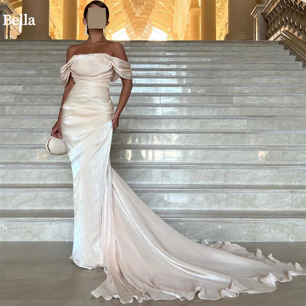 

Bella Customized Satin Off The Shoulder robes de soirée Mermaid Floor-Length Evening Dresses Formal Evening Pleats Wedding Dress