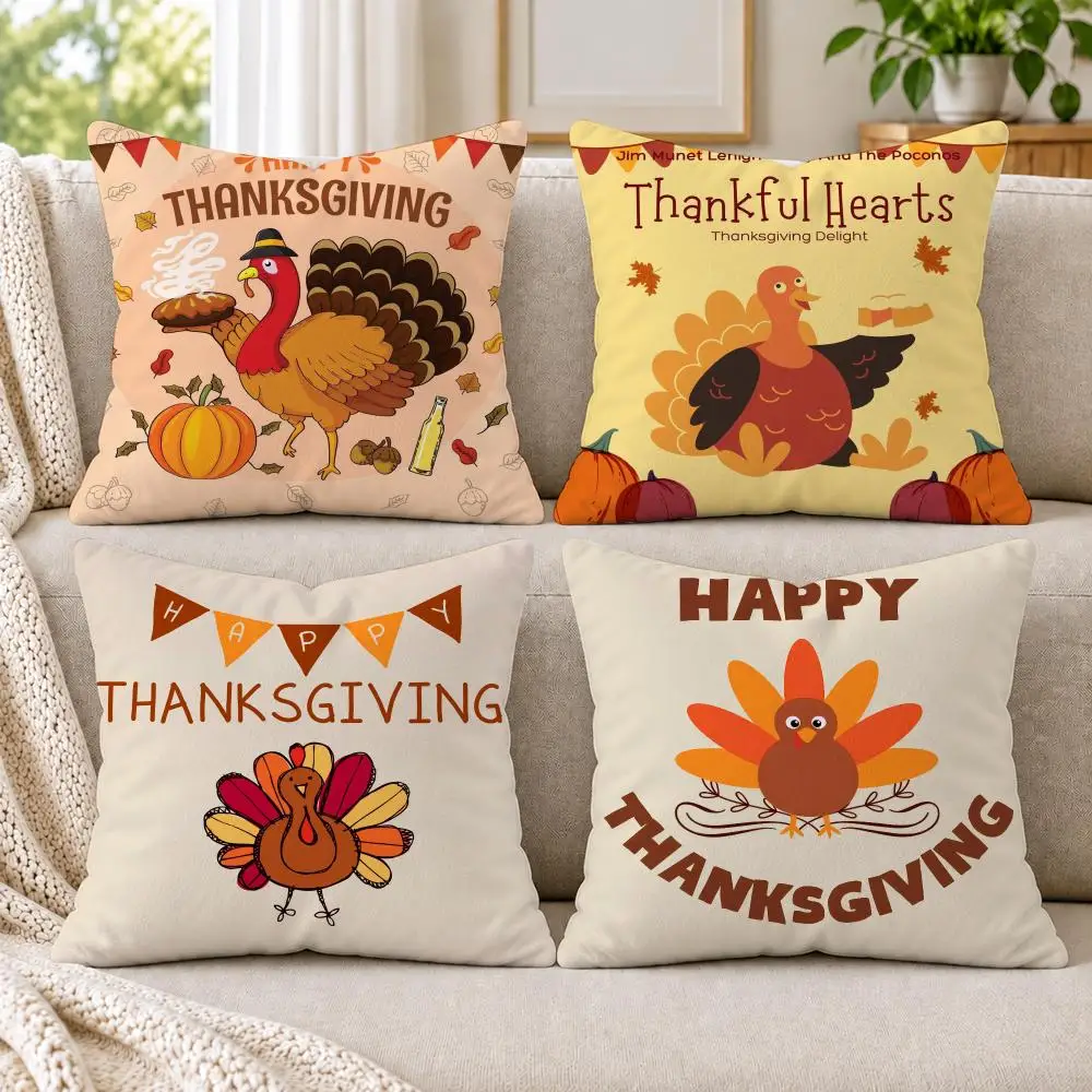 Thanksgiving Cute Turkey Cushion Cover Short Plush Double-Sided Printing Sofa Bedroom Living Room Throw Pillow Cover Home Decor